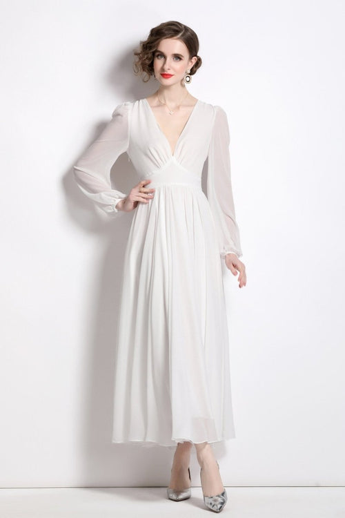 Dreamy White Long Sleeve V Neck Maxi Dress - 0cm