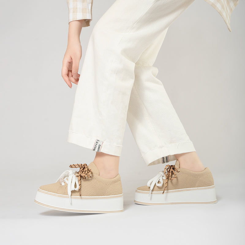 Dual Lace Platform Knit Sneakers – Chunky 5.5cm Street Style Flatform Shoes