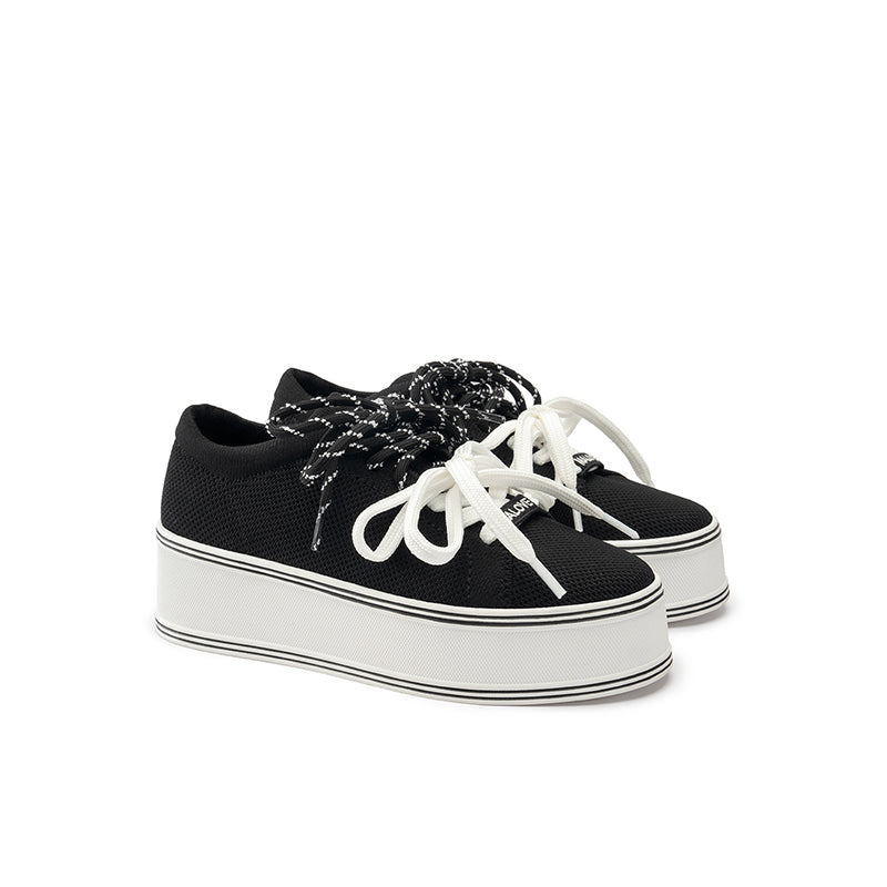 Dual Lace Platform Knit Sneakers – Chunky 5.5cm Street Style Flatform Shoes