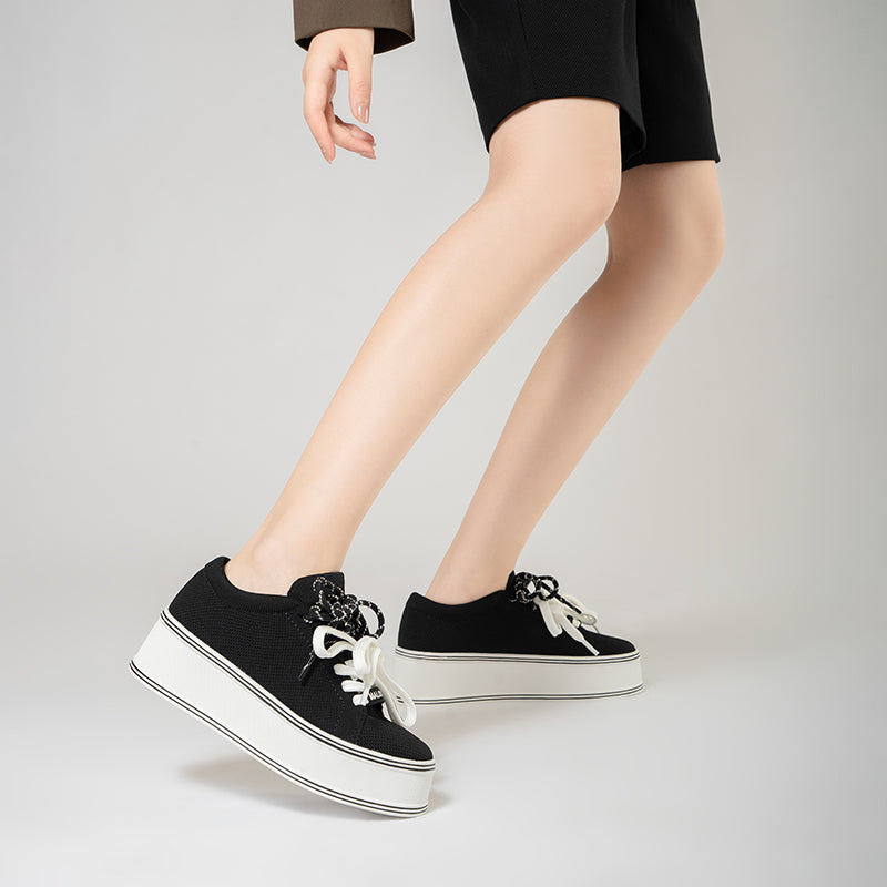 Dual Lace Platform Knit Sneakers – Chunky 5.5cm Street Style Flatform Shoes
