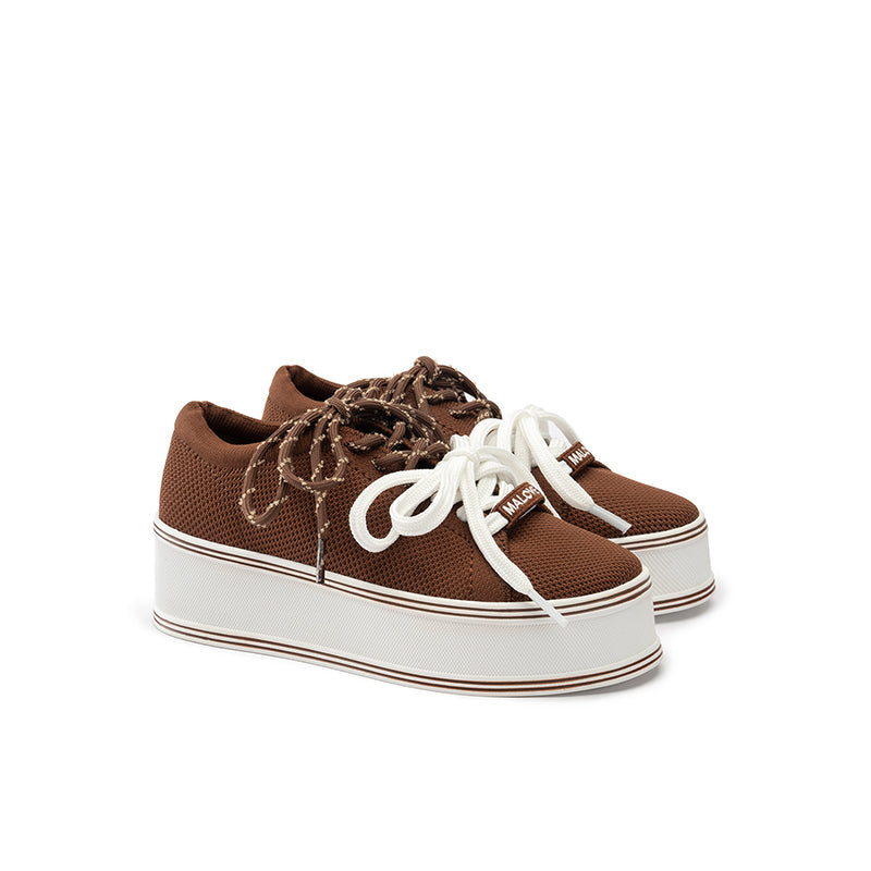 Dual Lace Platform Knit Sneakers – Chunky 5.5cm Street Style Flatform Shoes