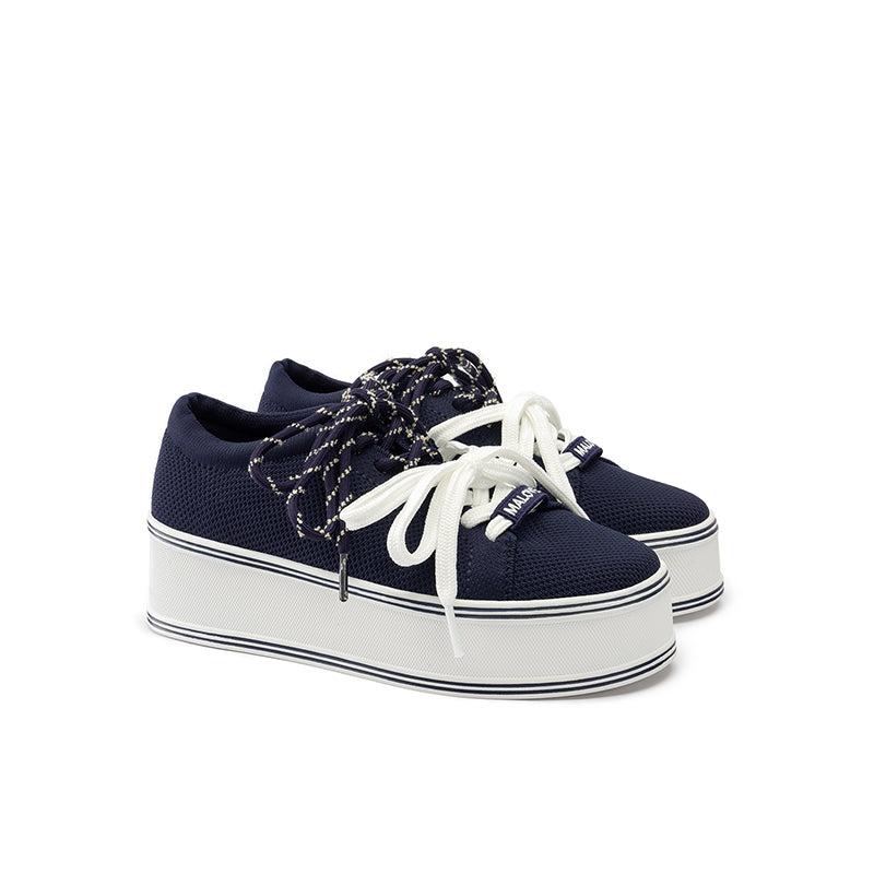 Dual Lace Platform Knit Sneakers – Chunky 5.5cm Street Style Flatform Shoes
