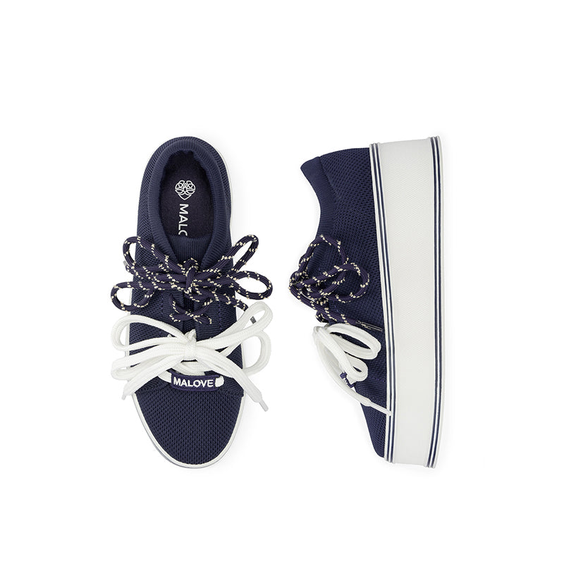 Dual Lace Platform Knit Sneakers – Chunky 5.5cm Street Style Flatform Shoes