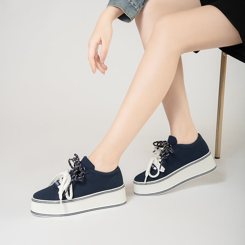 Dual Lace Platform Knit Sneakers – Chunky 5.5cm Street Style Flatform Shoes