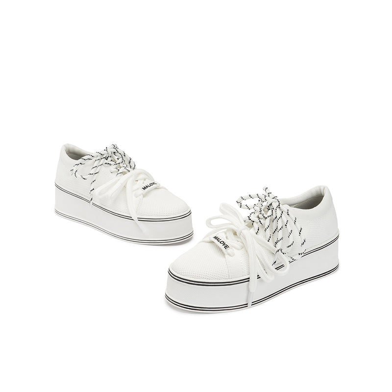 Dual Lace Platform Knit Sneakers – Chunky 5.5cm Street Style Flatform Shoes