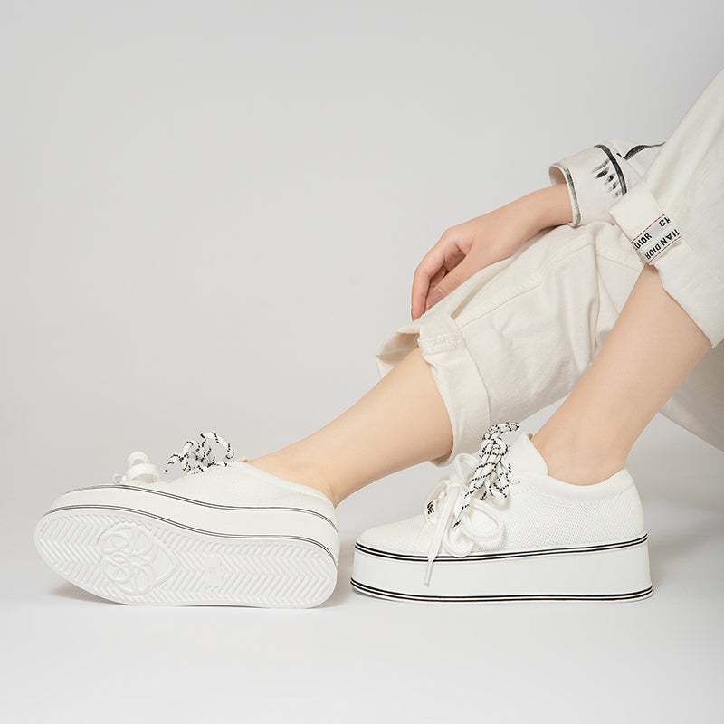 Dual Lace Platform Knit Sneakers – Chunky 5.5cm Street Style Flatform Shoes