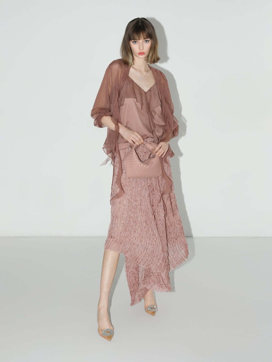 dusty pink pleated asymmetrical a line chiffon skirt all pink 2