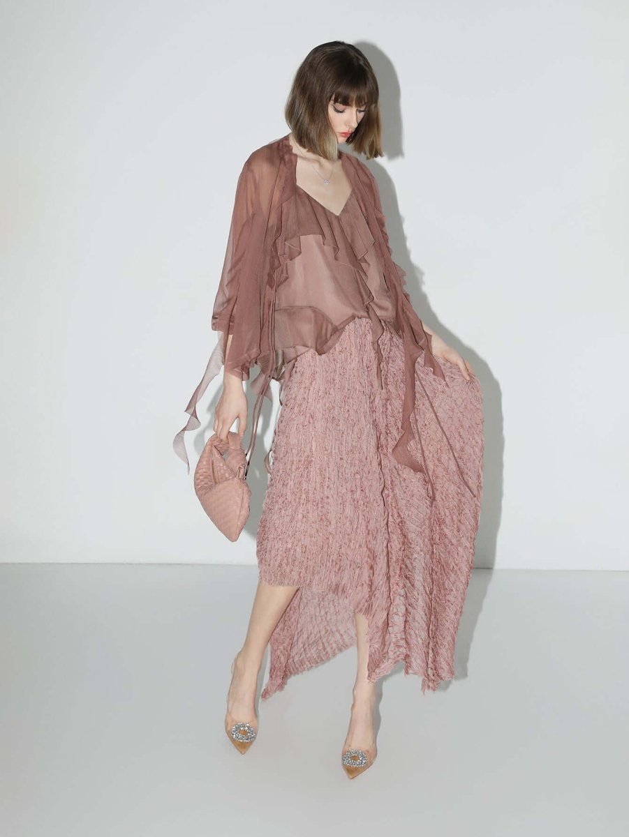 dusty pink pleated asymmetrical a line chiffon skirt all pink 1