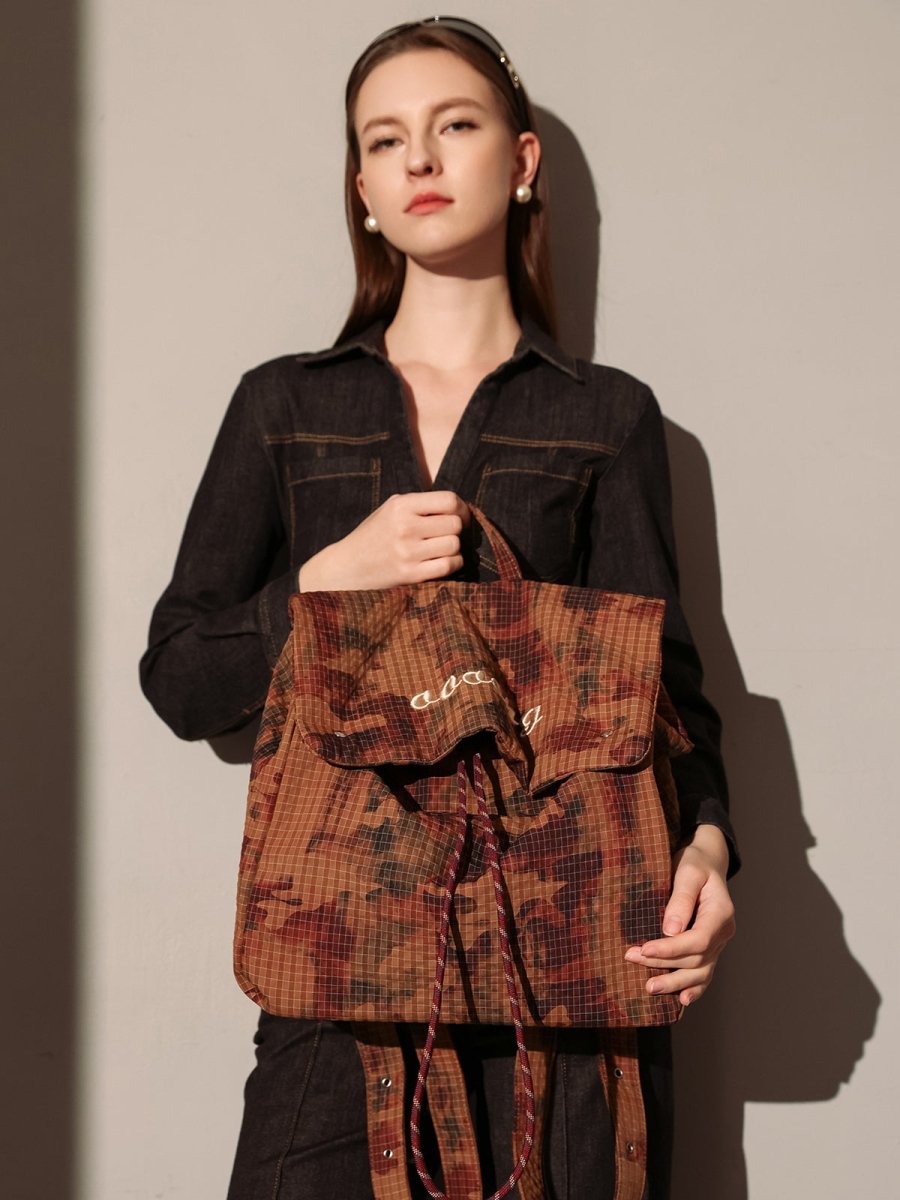 Earthy Camo Ripstop Backpack – Ultra-Lightweight Drawstring Backpack with Embroidered Logo