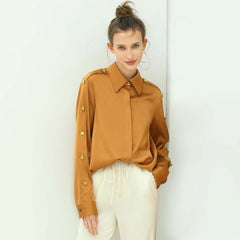 Edgy Brown Silk Shirt with Bejeweled Sleeves