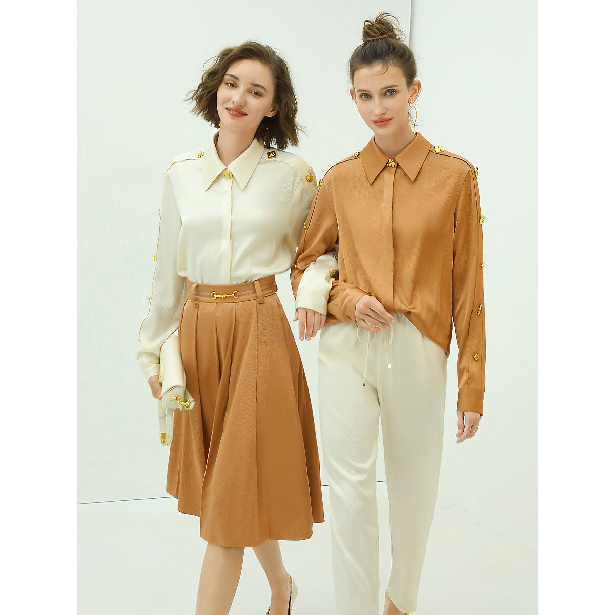 edgy brown silk shirt with bejeweled sleeves all brown 3