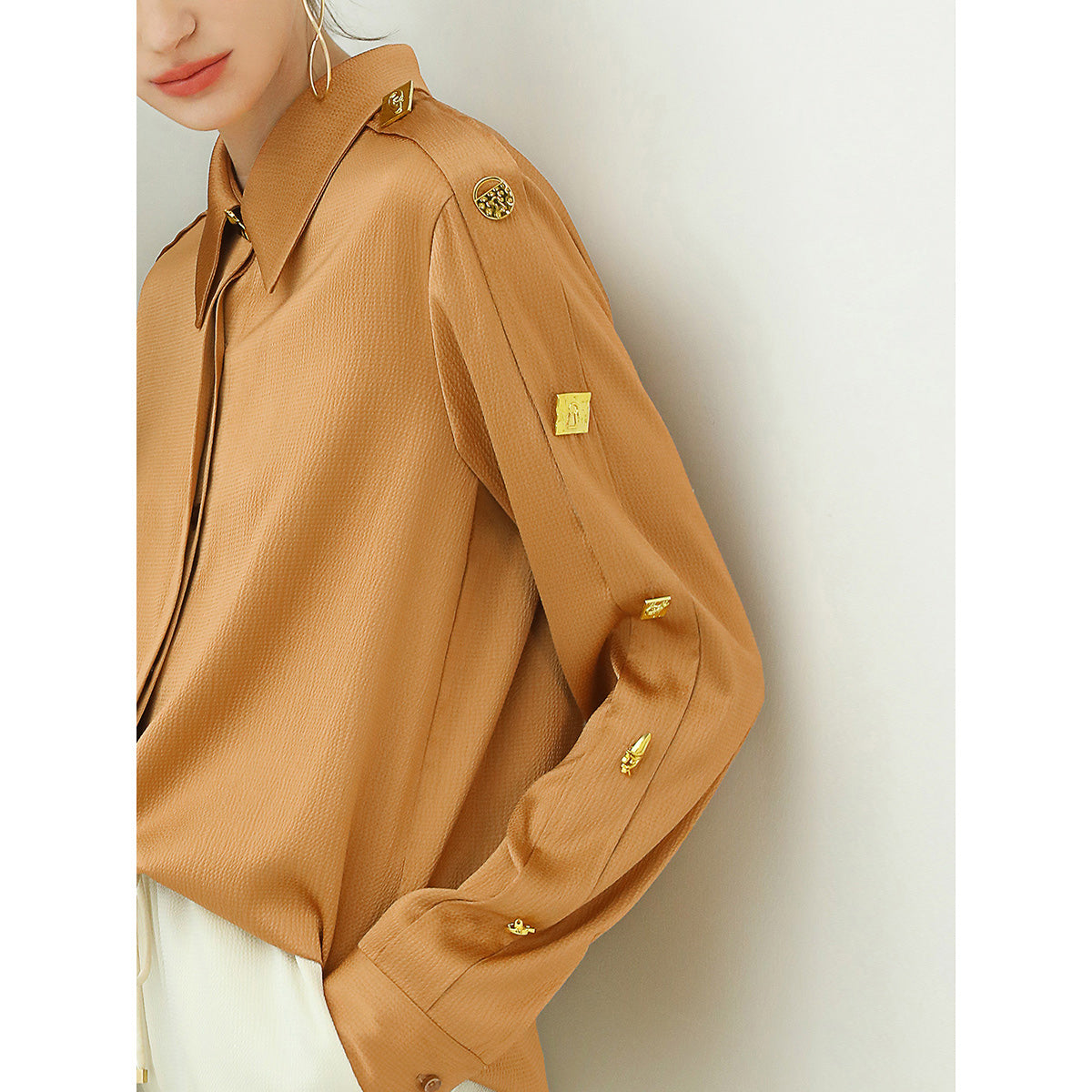 edgy brown silk shirt with bejeweled sleeves all brown 4