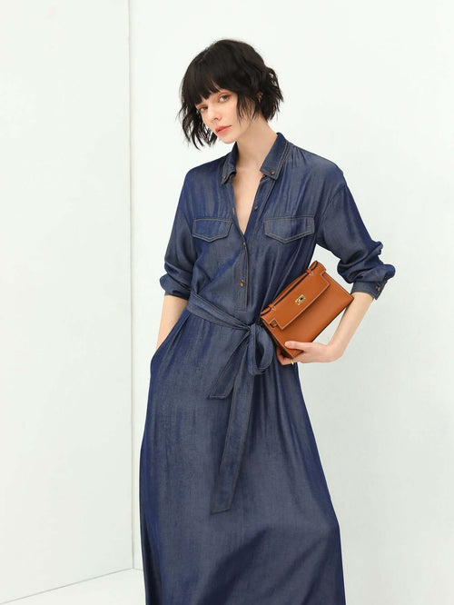 Edgy High Waist Long Sleeve Denim Shirt Dress in Navy