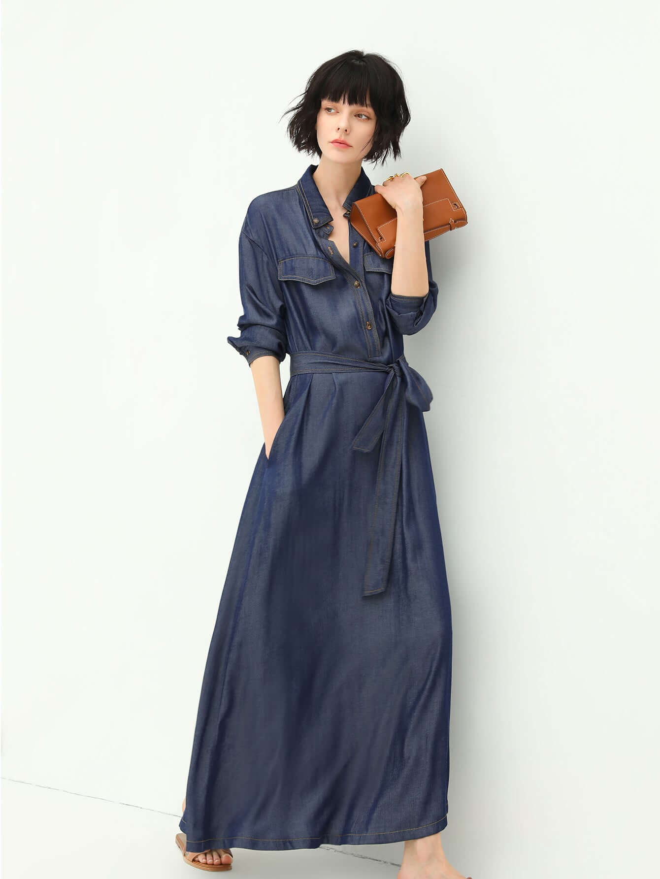 edgy high waist long sleeve denim shirt dress in navy all navy 2