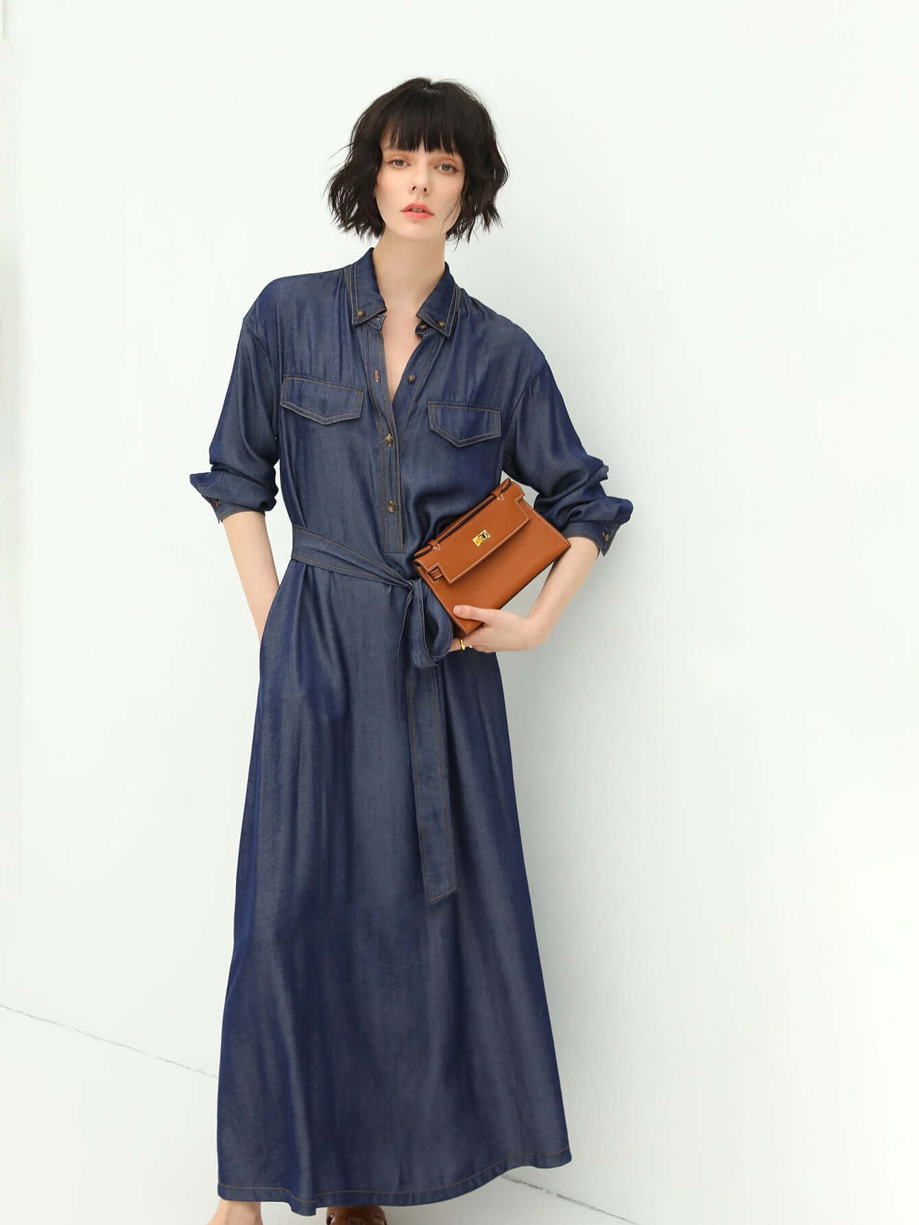 edgy high waist long sleeve denim shirt dress in navy all navy 3