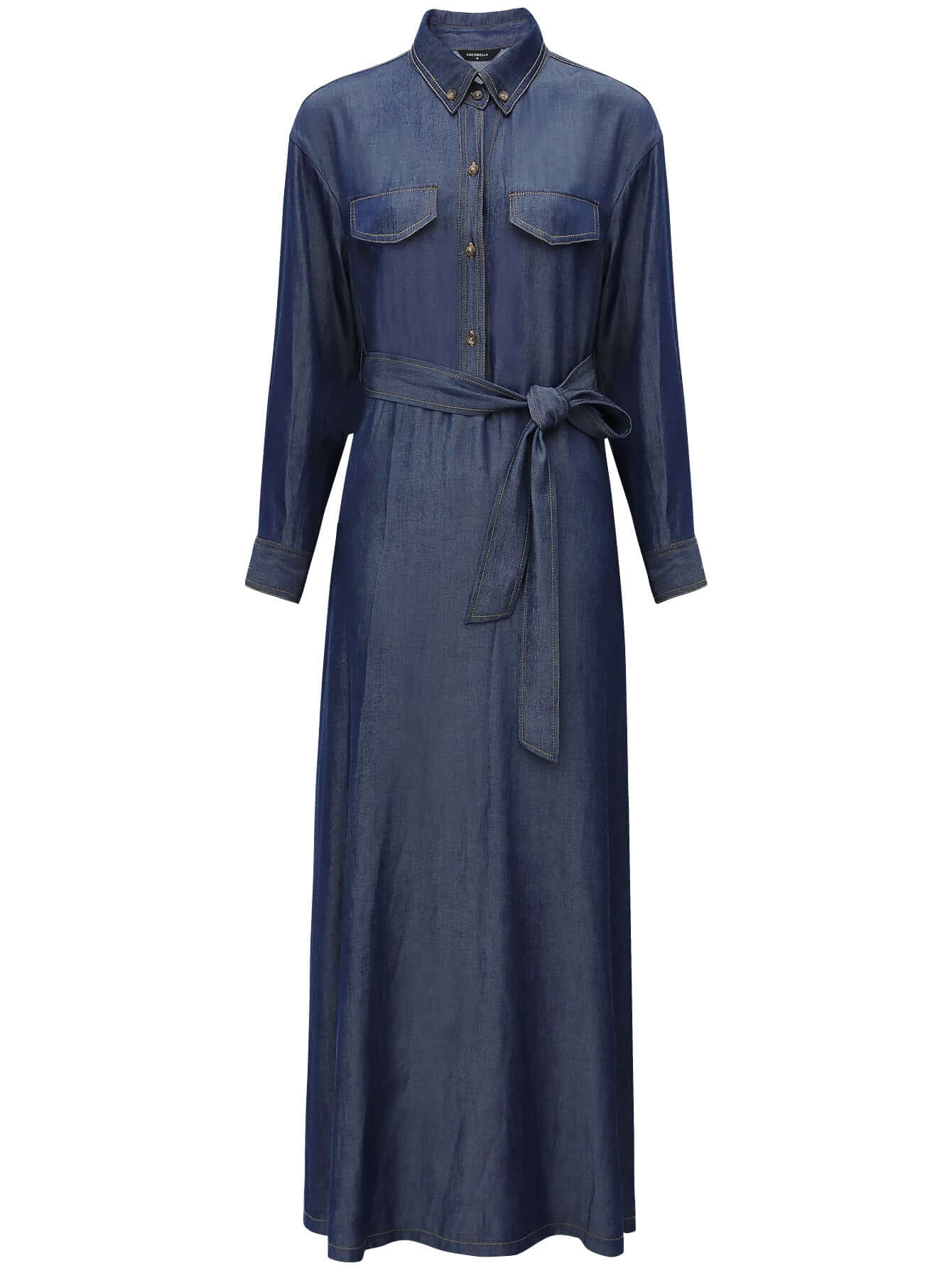 edgy high waist long sleeve denim shirt dress in navy all navy 4