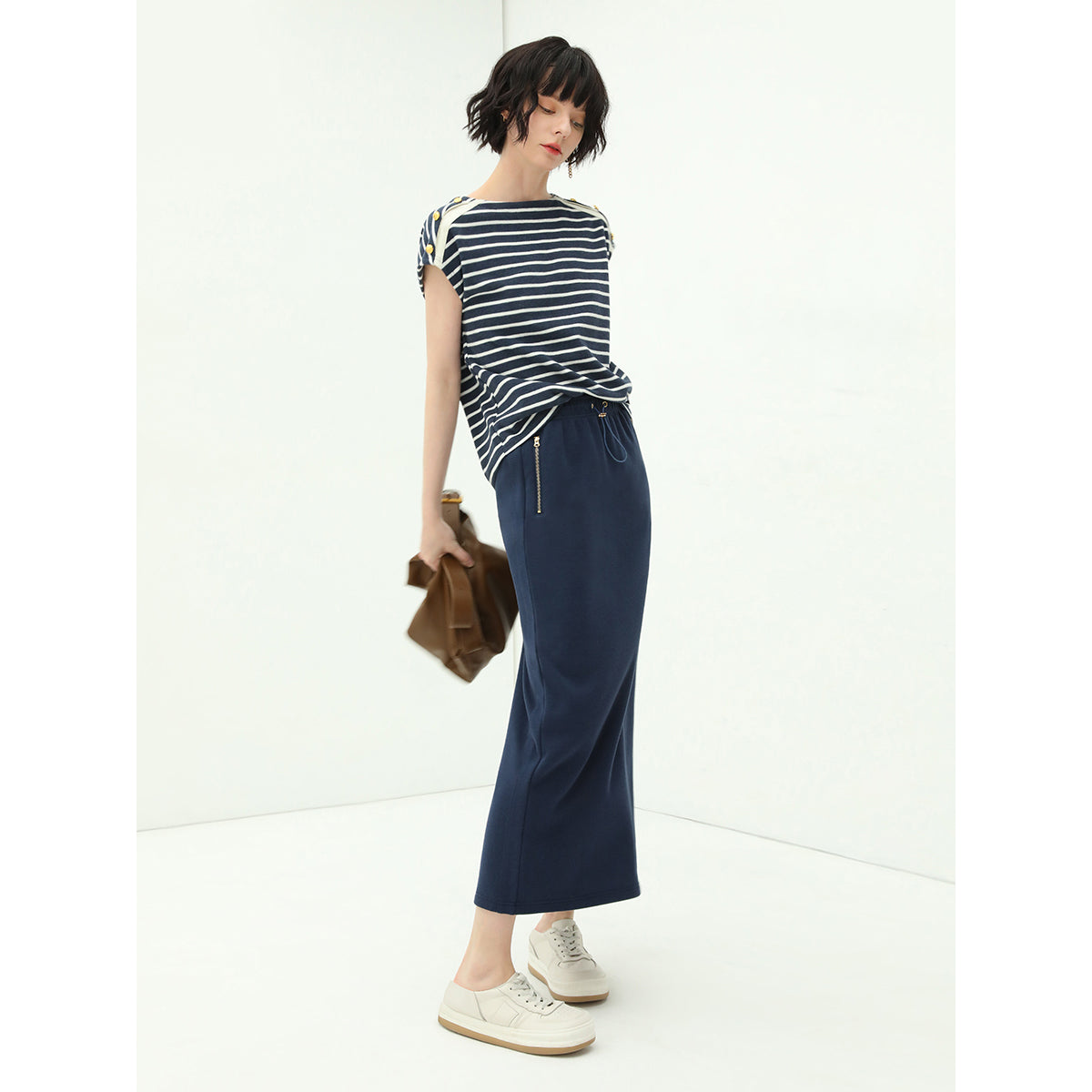 elastic drawcord back slit navy skirt all navy 3