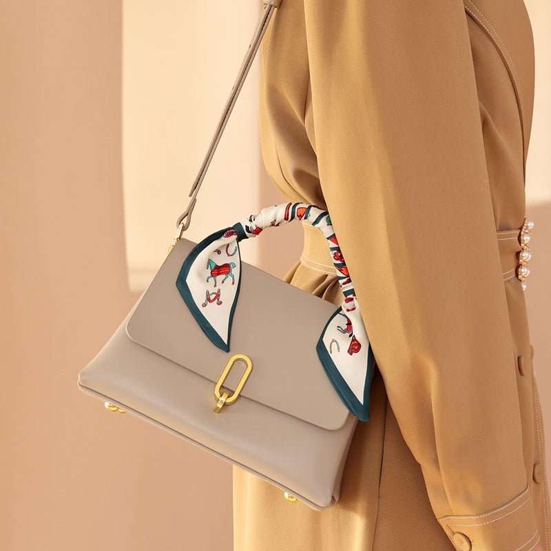 Elegant Apricot Leather Satchel Bag with Silk Scarf Handle