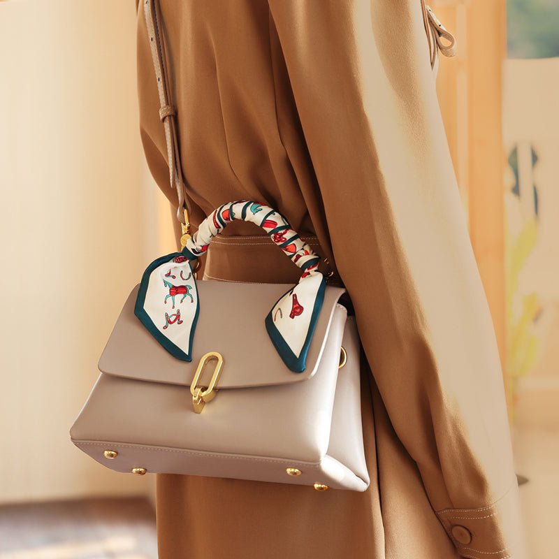 Elegant Apricot Leather Satchel Bag with Silk Scarf Handle