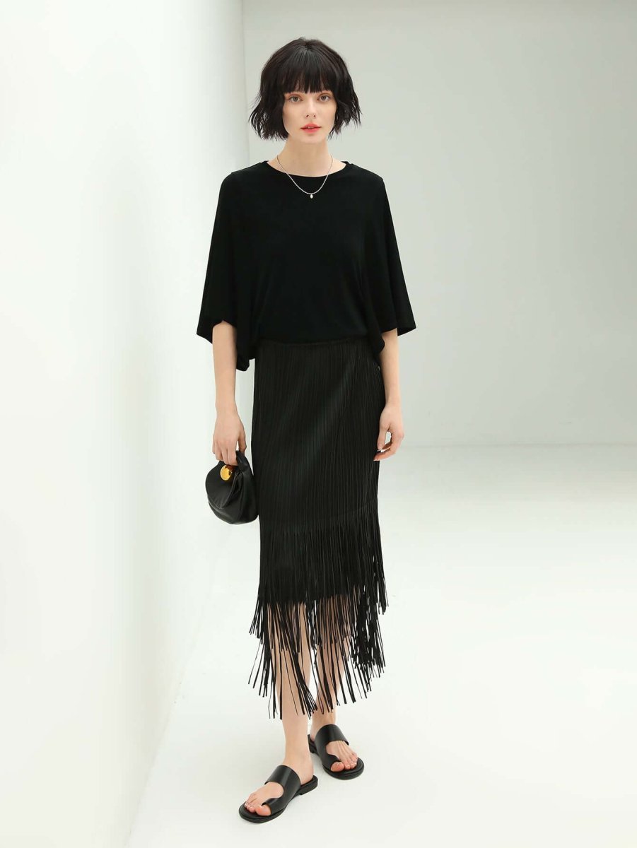 elegant black double layered fringe pleated skirt all black 1