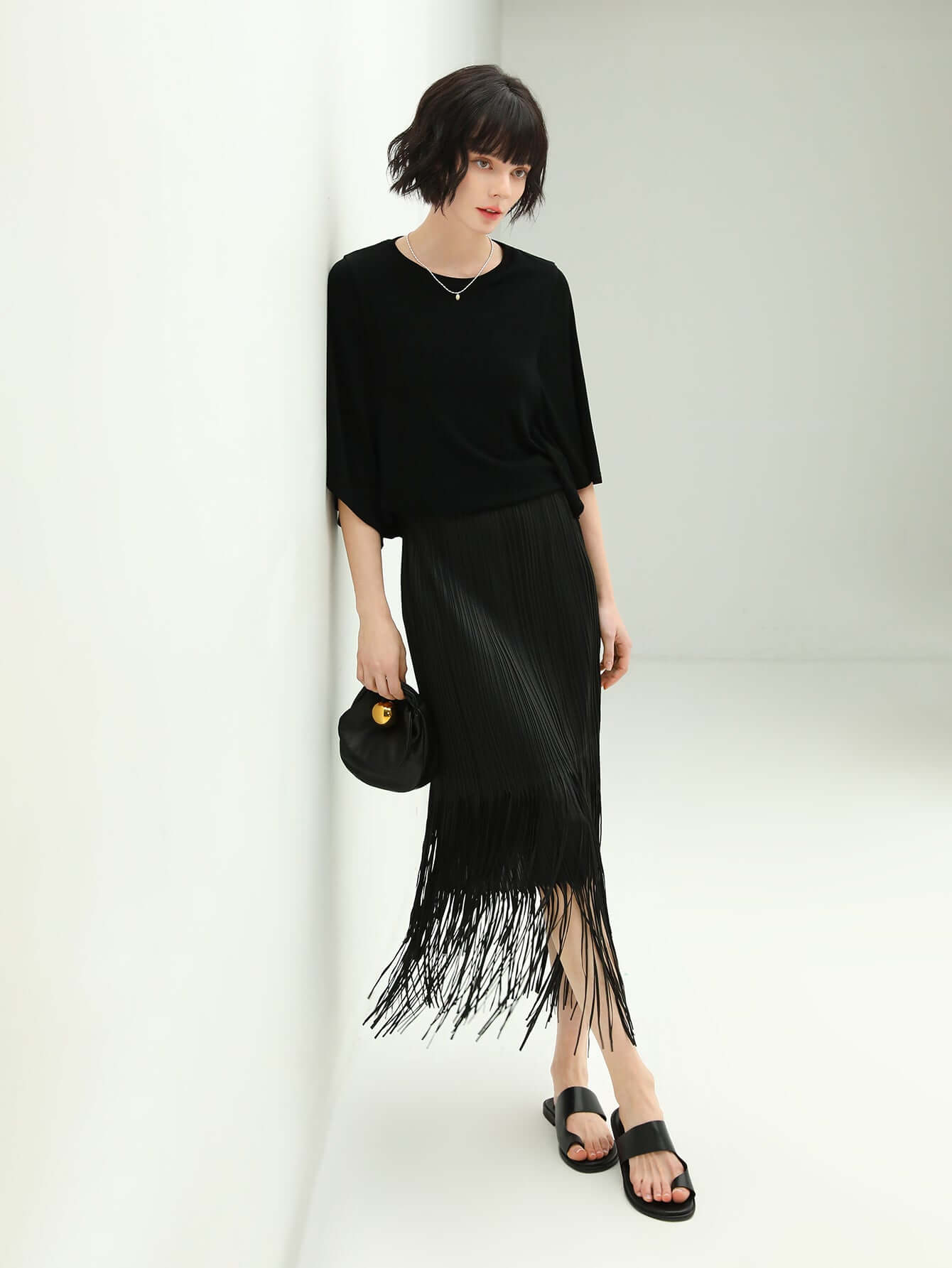 elegant black double layered fringe pleated skirt all black 2