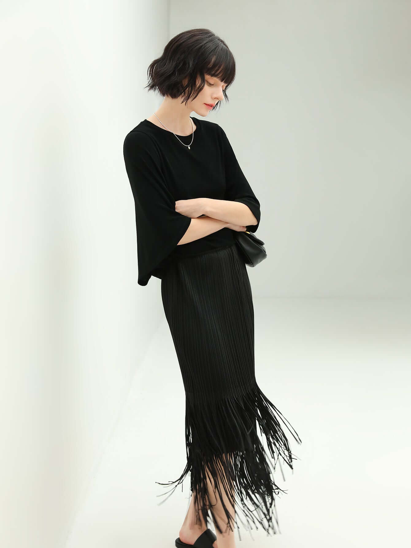 elegant black double layered fringe pleated skirt all black 3
