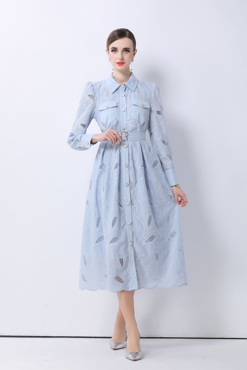 Elegant Embroidered Belted Shirt Midi Dress