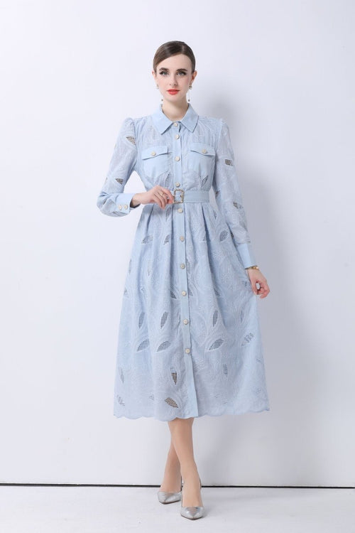 Elegant Embroidered Belted Shirt Midi Dress