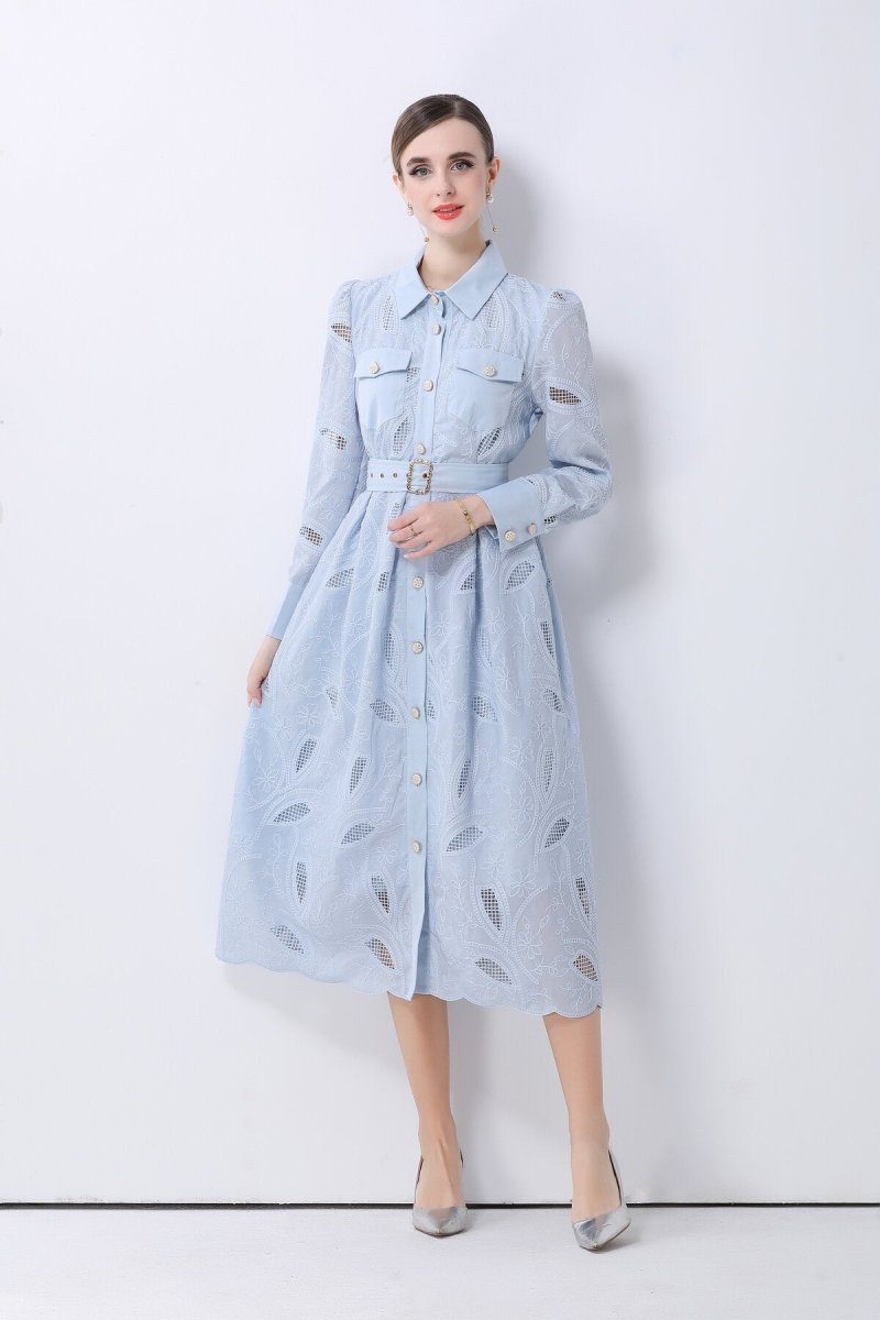 Elegant Embroidered Belted Shirt Midi Dress