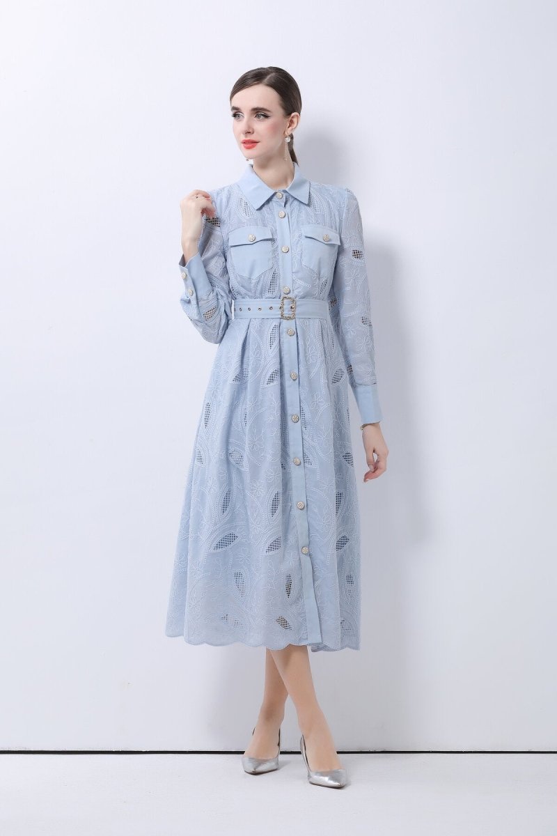 Elegant Embroidered Belted Shirt Midi Dress