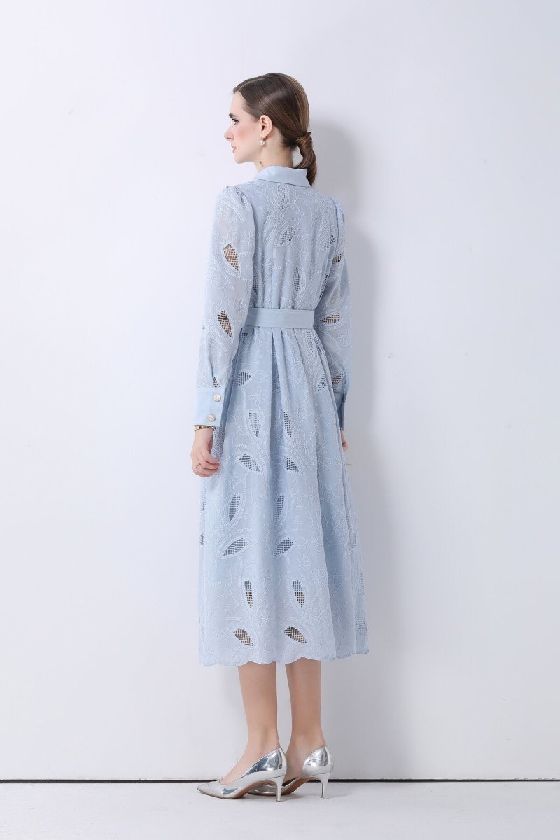 Elegant Embroidered Belted Shirt Midi Dress