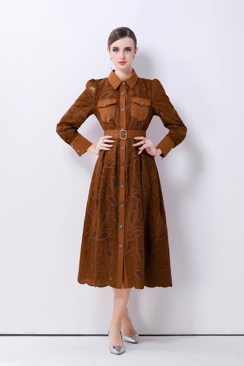 Elegant Embroidered Belted Shirt Midi Dress
