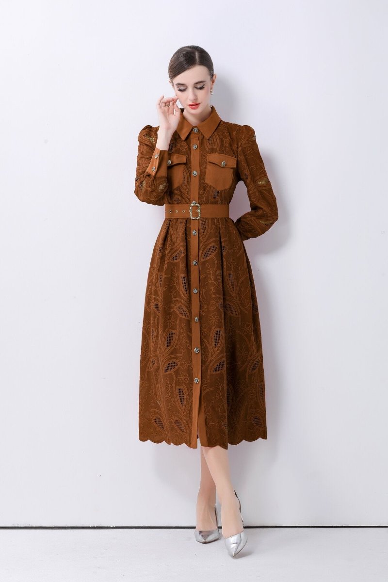Elegant Embroidered Belted Shirt Midi Dress