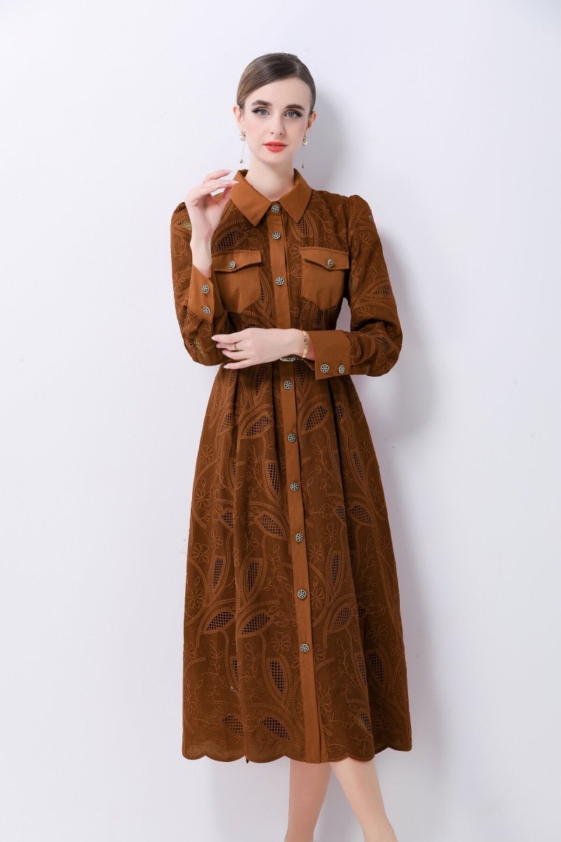 Elegant Embroidered Belted Shirt Midi Dress