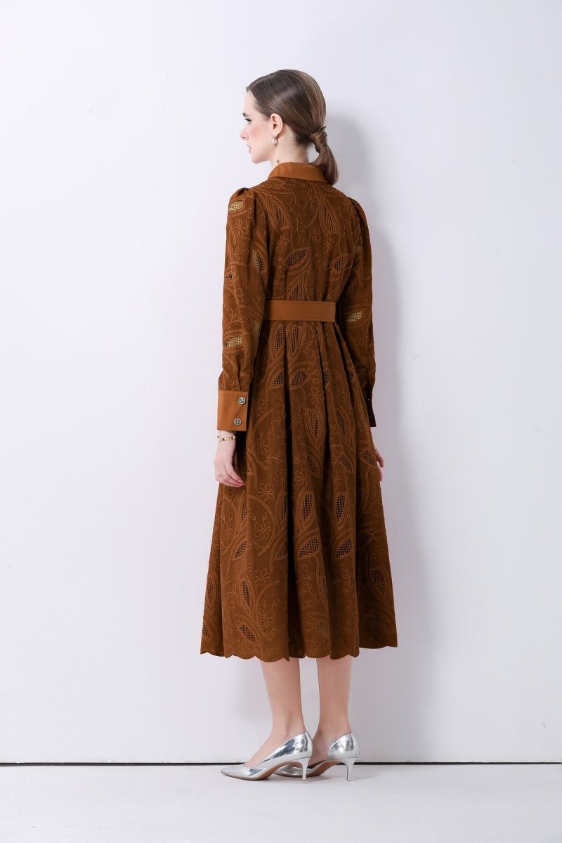 Elegant Embroidered Belted Shirt Midi Dress