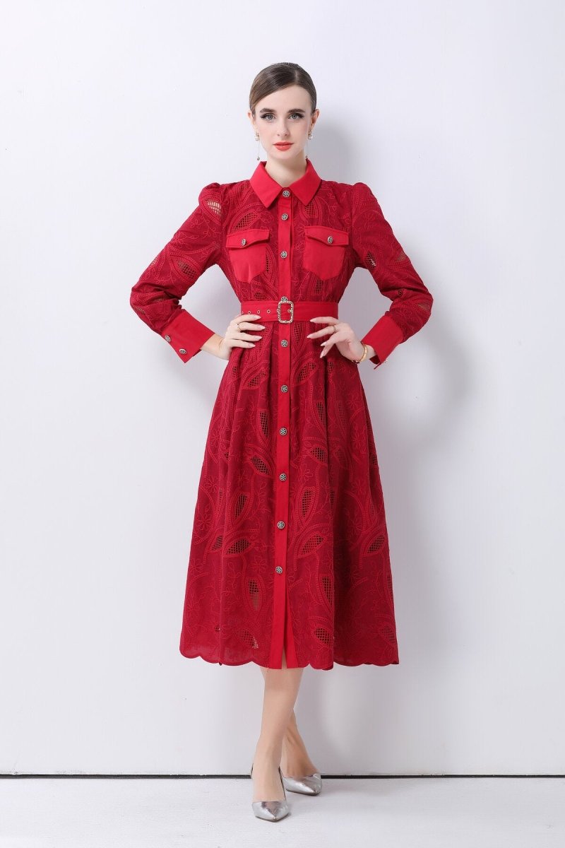 Elegant Embroidered Belted Shirt Midi Dress