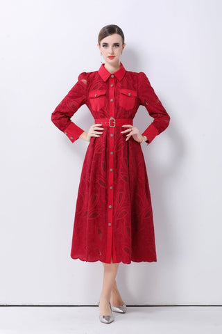Elegant Embroidered Belted Shirt Midi Dress