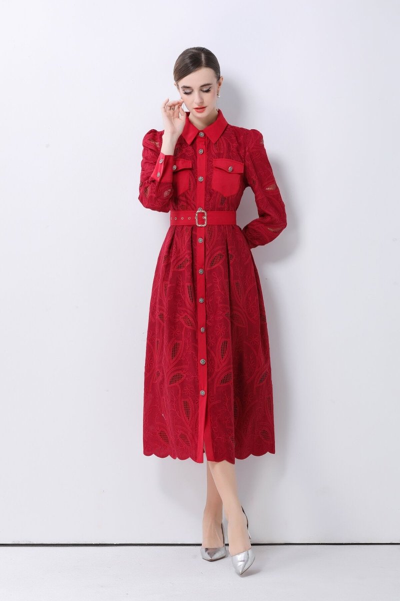 Elegant Embroidered Belted Shirt Midi Dress