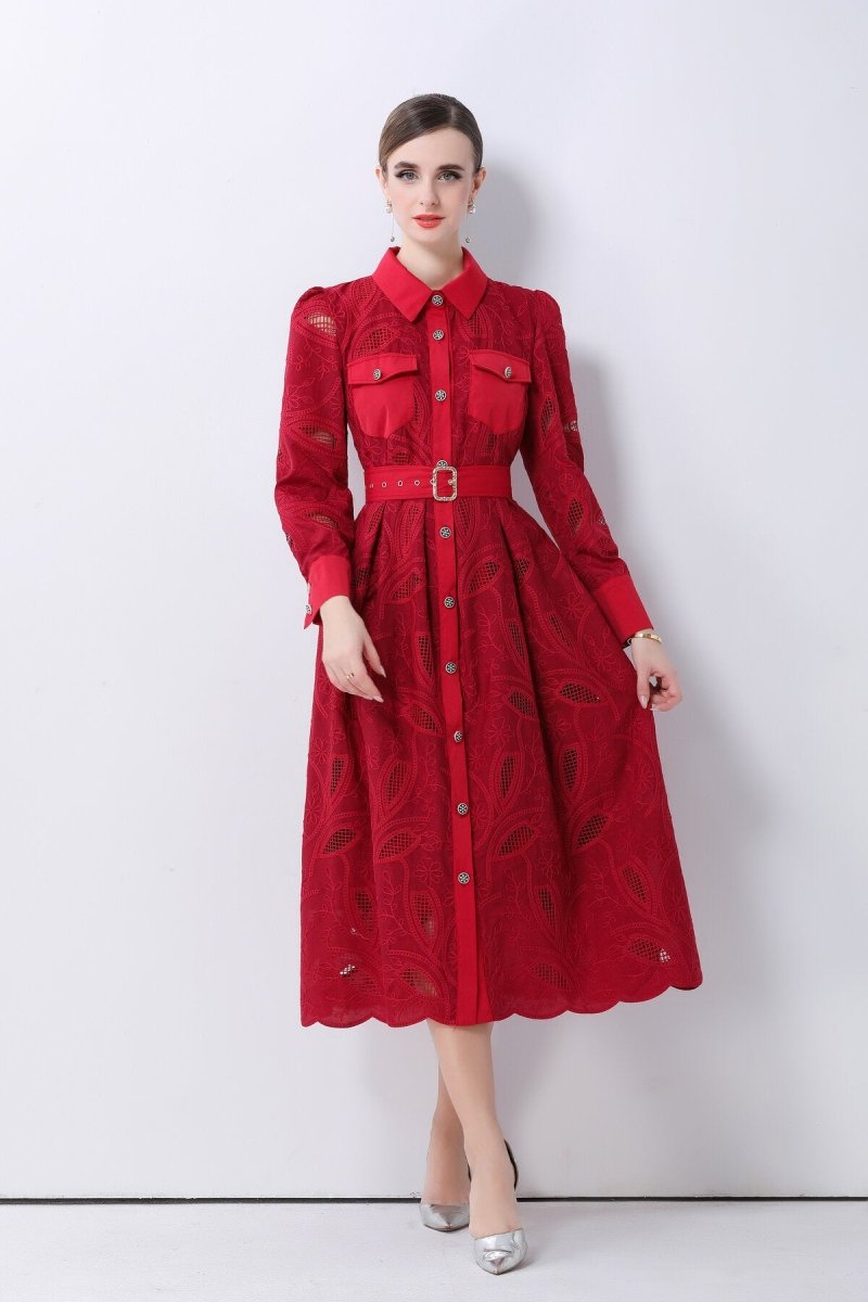Elegant Embroidered Belted Shirt Midi Dress