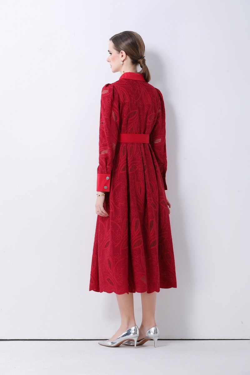 Elegant Embroidered Belted Shirt Midi Dress