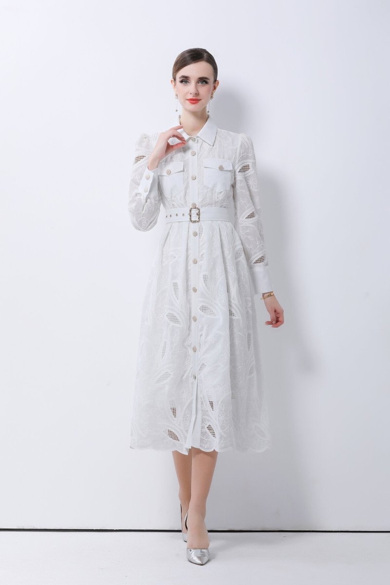 Elegant Embroidered Belted Shirt Midi Dress
