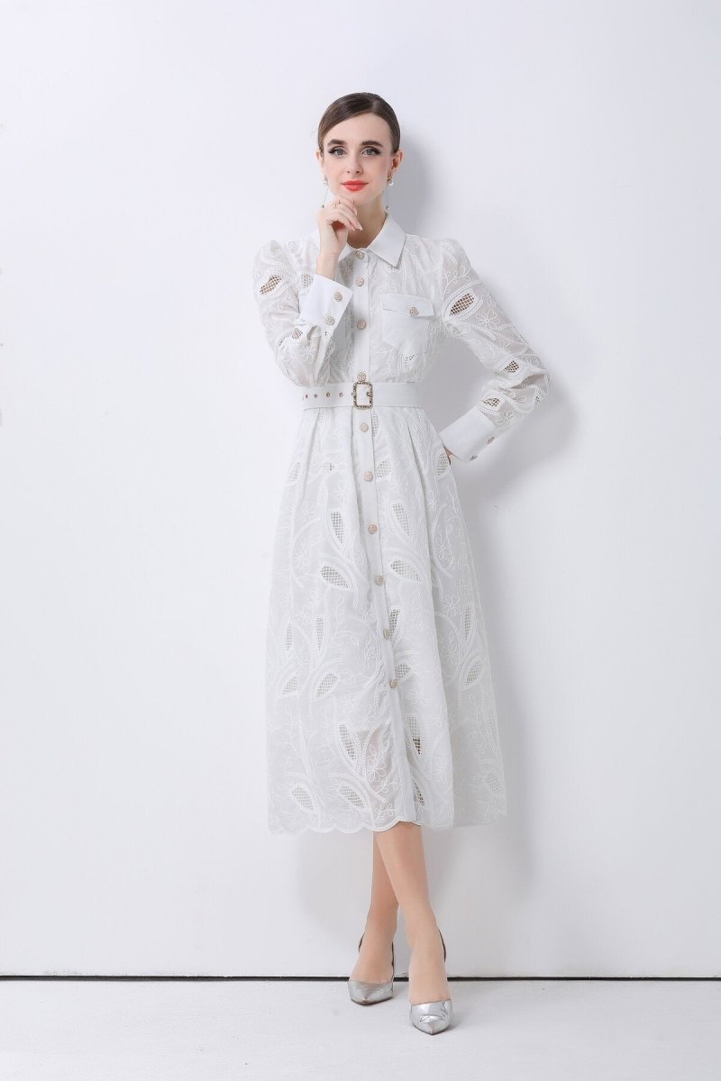 Elegant Embroidered Belted Shirt Midi Dress
