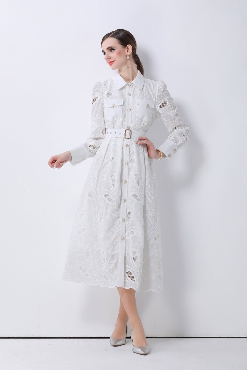 Elegant Embroidered Belted Shirt Midi Dress