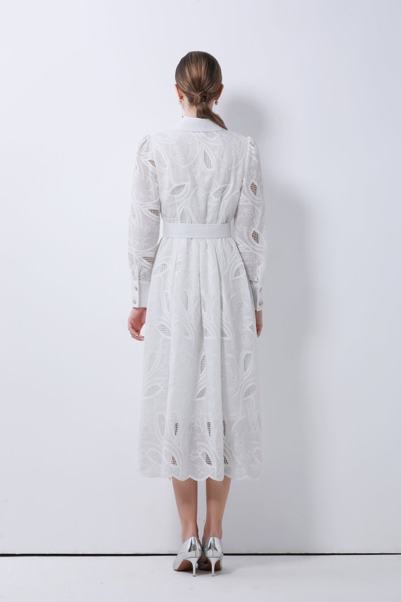 Elegant Embroidered Belted Shirt Midi Dress