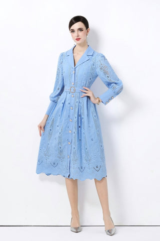 Elegant Embroidered Eyelet Belted Midi Shirt Dress