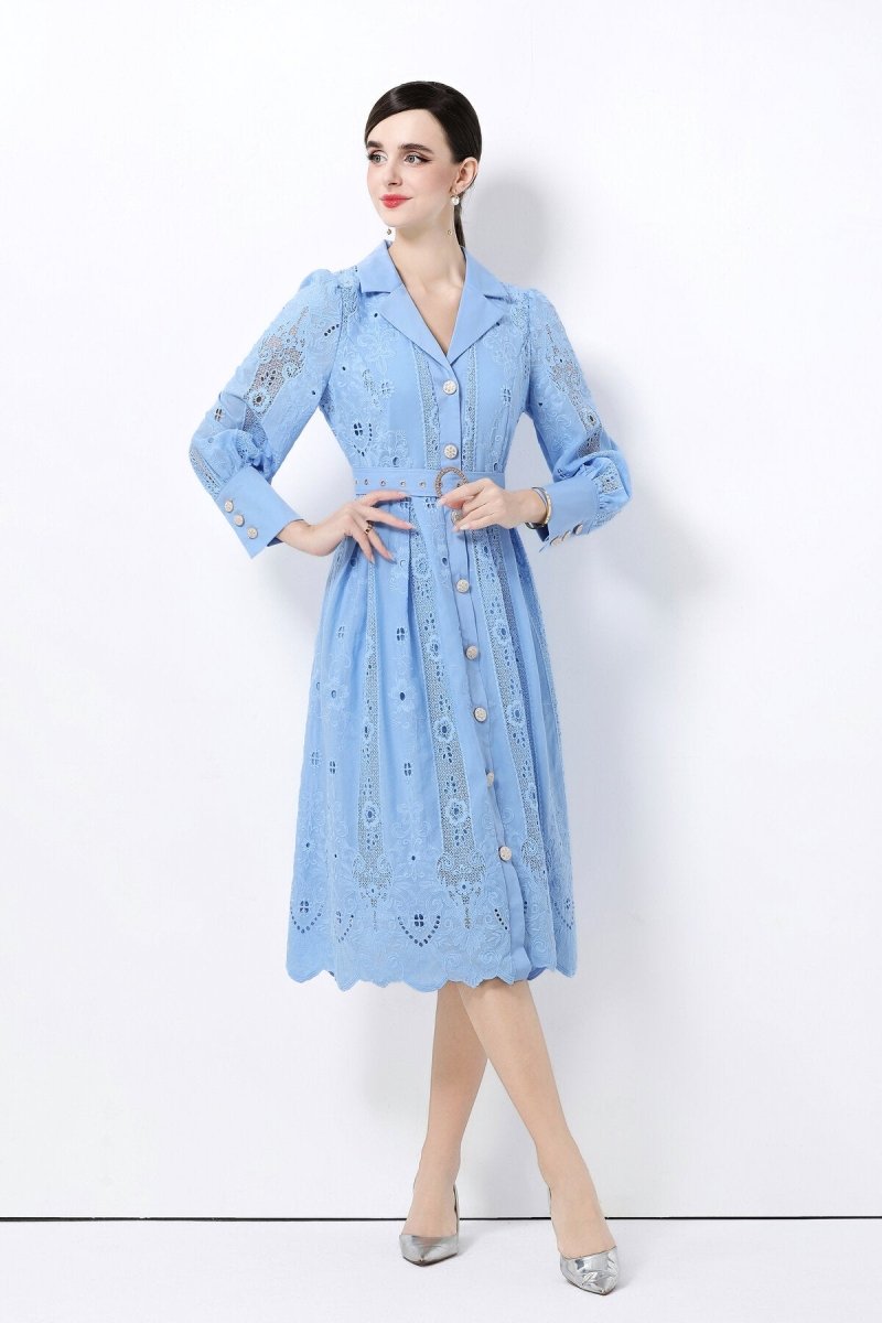 Elegant Embroidered Eyelet Belted Midi Shirt Dress