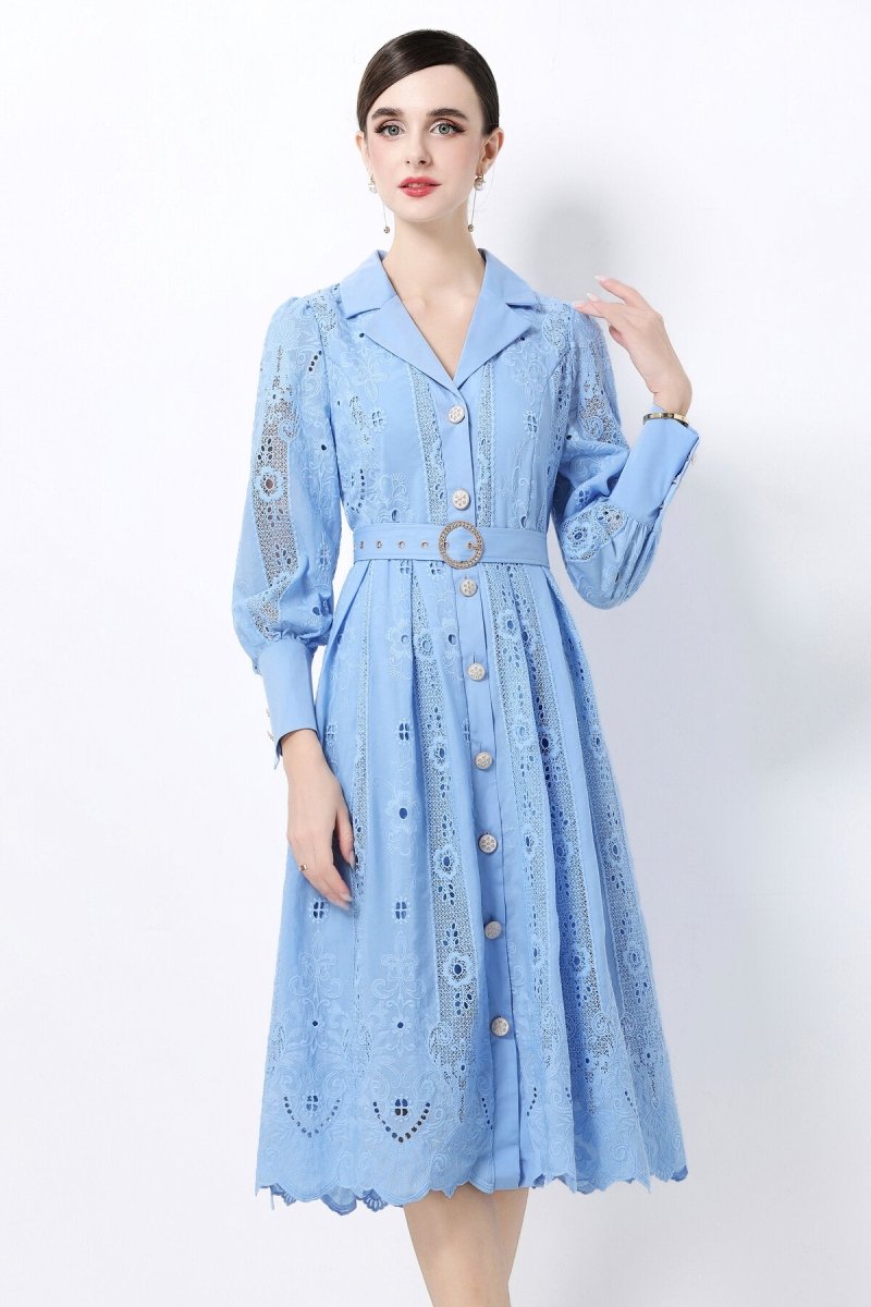 Elegant Embroidered Eyelet Belted Midi Shirt Dress