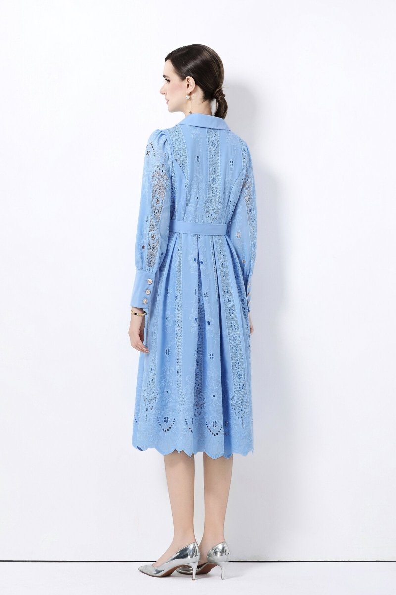 Elegant Embroidered Eyelet Belted Midi Shirt Dress