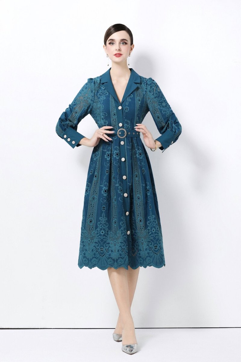 Elegant Embroidered Eyelet Belted Midi Shirt Dress