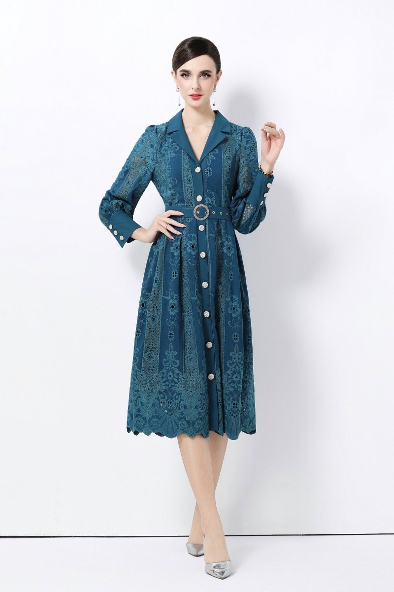 Elegant Embroidered Eyelet Belted Midi Shirt Dress